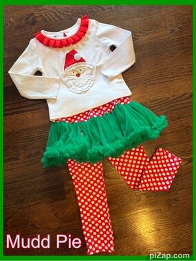 🌲 MUD PIE Girls Santa Tutu Legging Set - Red, Green & White Holiday Outfit